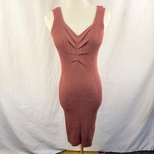 NEW Rihoas Brown Ribbed Ruched Bodycon Form Fitting Casual Midi Dress Small NWT